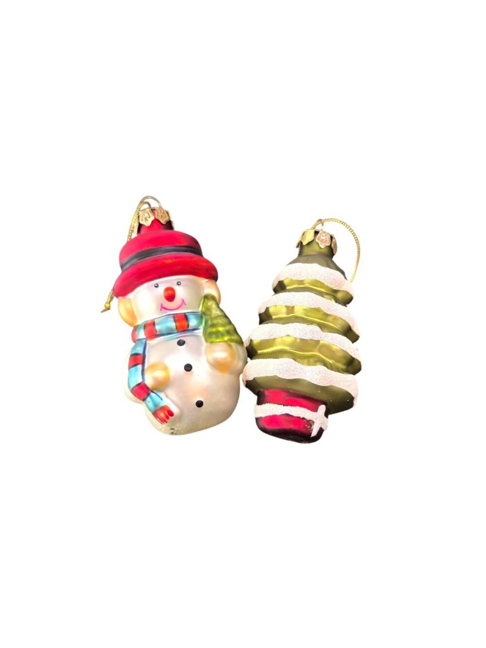Snowman & Christmas Tree Glass Holiday Ornaments With Glitter Accents Set Of 2